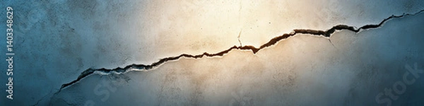 Fototapeta dramatic crack runs through textured wall, illuminated by soft light, creating sense of tension and decay.