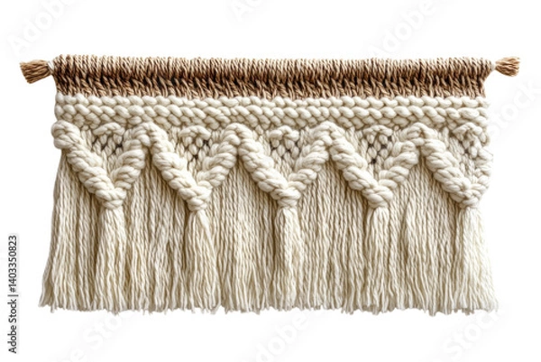 Fototapeta Elegant cream macrame wall hanging with brown jute top intricate knot design and long fringe tassels