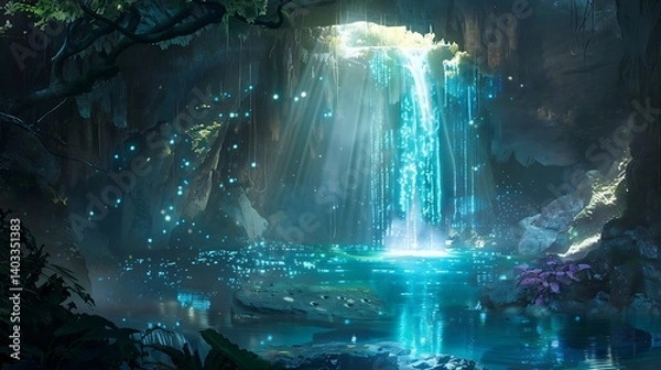 Obraz A magical hidden cave with a glowing waterfall flowing into a secret lagoon