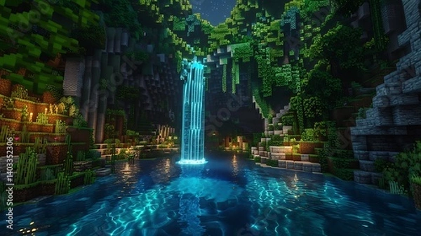 Obraz A magical hidden cave with a glowing waterfall flowing into a secret lagoon