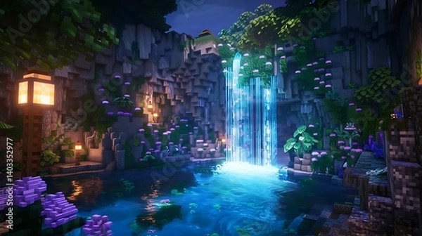 Obraz A magical hidden cave with a glowing waterfall flowing into a secret lagoon