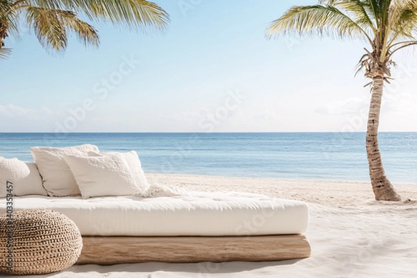 Fototapeta Luxurious Beach Daybed with Ocean View and Palm Trees
