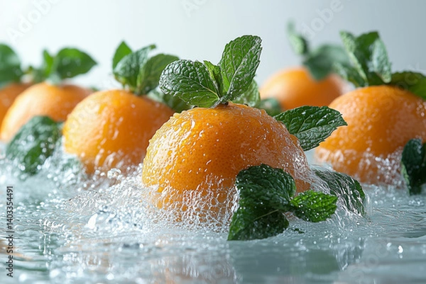 Obraz Fresh Orange with Mint and Water Splash on White Background