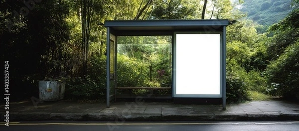 Fototapeta A bus-stop in a dense green forest with a blank billboard, natural daylight, paved road