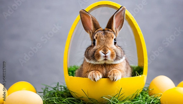Fototapeta Easter bunny in a colored yellow egg.