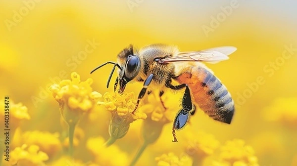 Obraz Honeybee on Yellow Flowers: A Close-Up