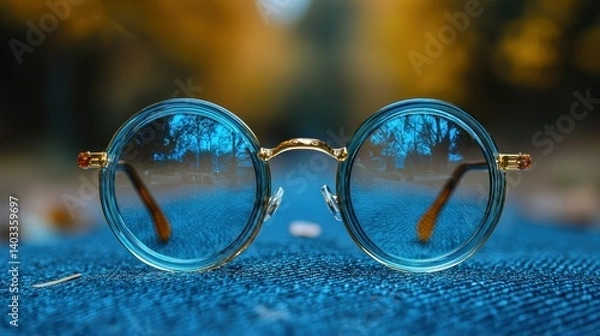 Obraz Blue Round Glasses Reflecting Autumnal Scene