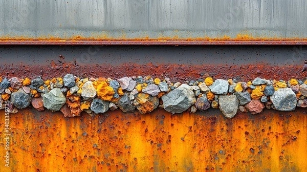Obraz Rusty Metal Wall with Stones: A Study in Texture and Color