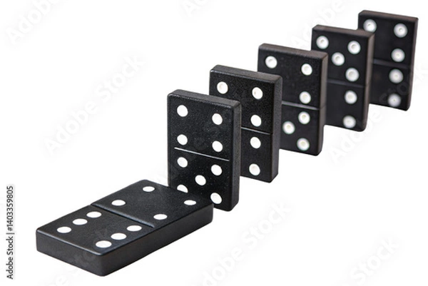 Fototapeta Falling dominoes in a row creating a chain reaction on a white background