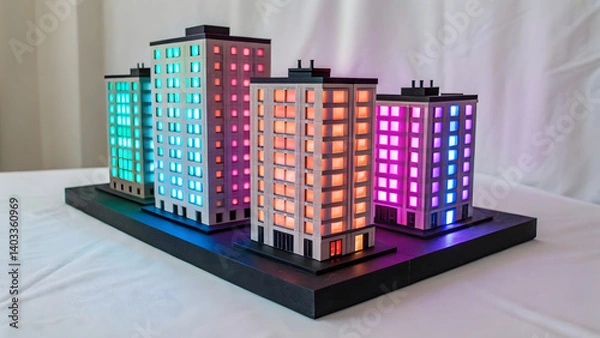Fototapeta vibrant model of blocky neon apartment complex with colorful illuminated windows, showcasing modern architecture and design
