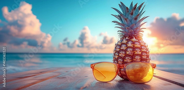 Obraz Summer Vacation Concept with Pineapple and Sunglasses on Wooden Table