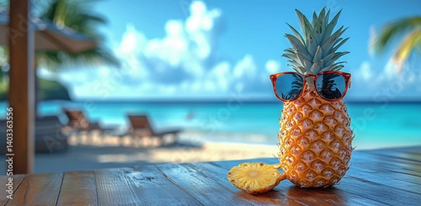 Obraz Summer Vacation Concept with Pineapple and Sunglasses on Wooden Table