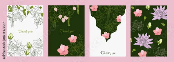 Fototapeta Drawing floral cards. Set of templates for invitations, cards, posters, brochures. Hand drawn. Beautiful linear flowers. Green design. Vector illustration.
