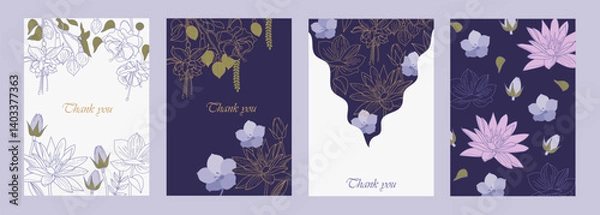 Fototapeta Drawing floral cards. Set of templates for invitations, cards, posters, brochures. Hand drawn. Beautiful linear flowers. Vector illustration.