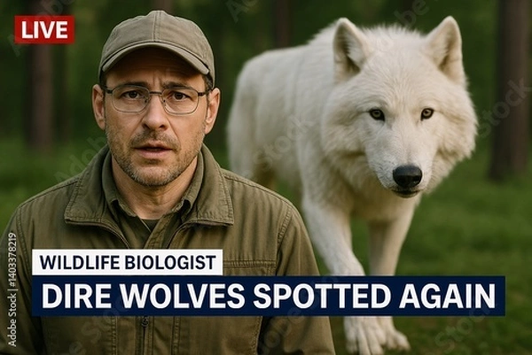 Fototapeta Wildlife Biologist Gives Live Interview as Giant Dire Wolf Appears in Background – Realistic News Broadcast