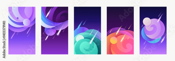 Fototapeta Starfall and space planets. Set of vertical templates for flyers, stories, banners, cards, brochures. Night sky. Glow. Space. Meteors. Vector illustration.