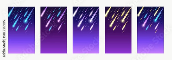 Fototapeta Set of vertical templates for flyers, stories, banners, cards, brochures. Night sky. Glow. Space. Meteors. Vector illustration.