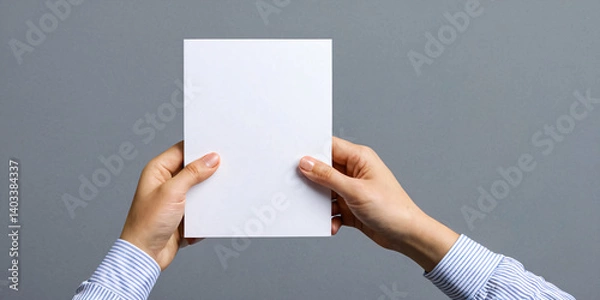 Fototapeta Hand holding a white sheet of paper on a gray background.