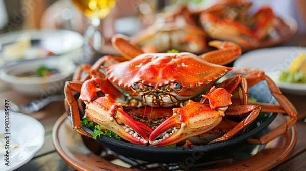 Obraz Tasty cooked seafood red crabs on dish on the table