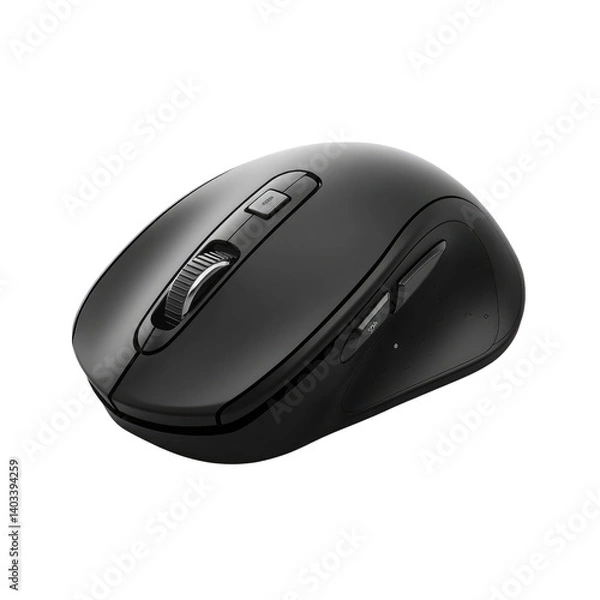 Obraz Sleek black wireless mouse, ergonomically designed for comfortable and efficient computing, featuring convenient side buttons and a smooth scroll wheel for precise control.