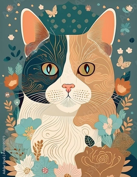 Fototapeta Calico Cat with flowers 