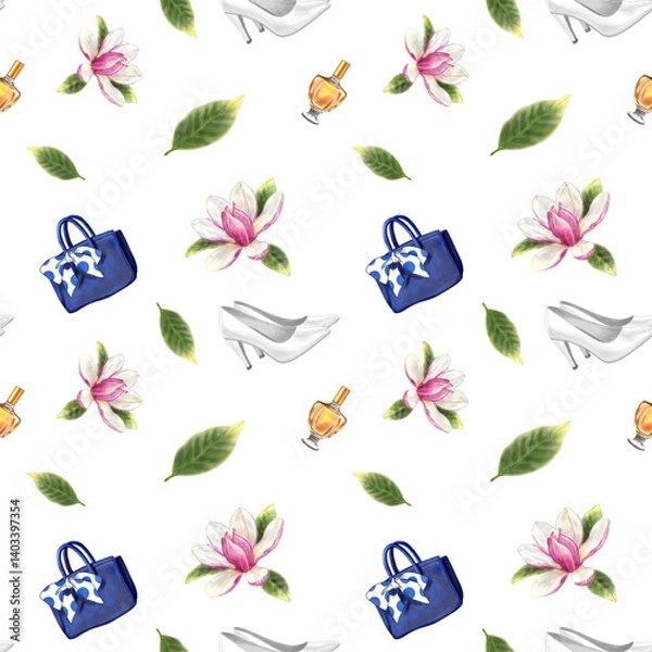 Fototapeta Seamless pattern with pink magnolia, bag, shoes, perfume. Hand painted digital illustration isolated on white background. For design, fabric, textile