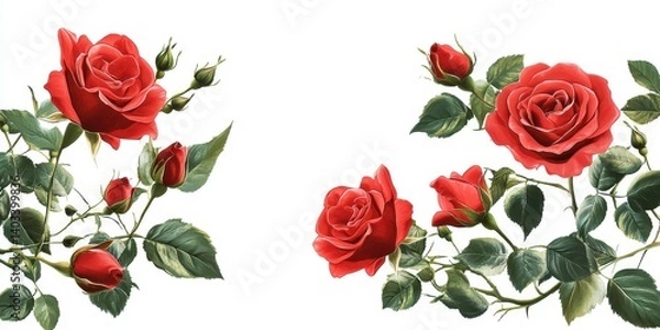 Obraz Beautiful red roses with buds and lush green leaves set against a white background showcasing floral elegance