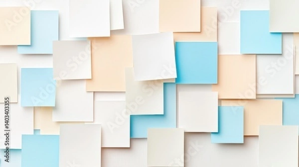 Fototapeta A collection of white, light blue, and peach sticky notes arranged in a grid-like pattern.