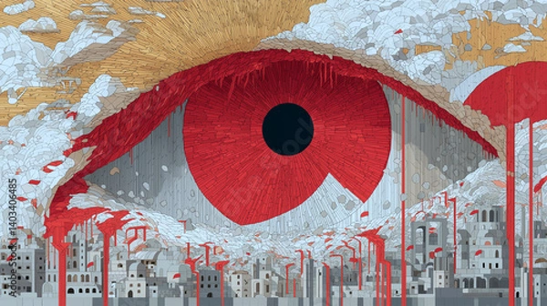 Obraz A giant bleeding eye watches over a crumbling city in symbolic isometric illustration, Middle East 
