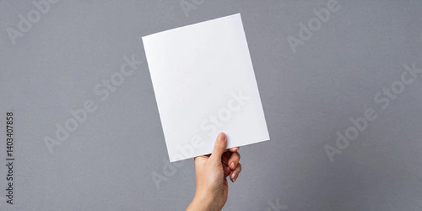 Fototapeta A hand outstretched with a blank white sheet on a white background