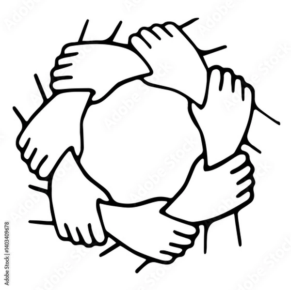 Obraz circular connection of eight hands holding each other in unity, representing teamwork, community, friendship, trust, mutual support, and solidarity in a continuous and inclusive human bond.

