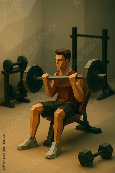 Obraz Ilustración 3D de hombre estilo low poly levantando pesas en banco de gimnasio con mancuernas y equipo de entrenamiento