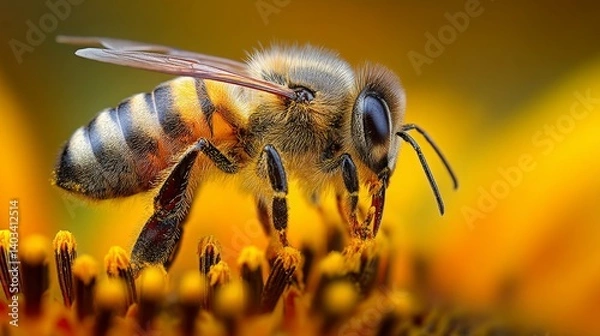Obraz Macro Shot of Honeybee Collecting Nectar from Vibrant Flower in Nature's Beautiful Background