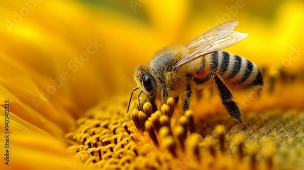 Obraz Close-Up Macro Shot of Honeybee Collecting Nectar from Vibrant Sunflower Petals
