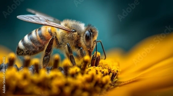 Obraz Close-Up Macro Shot of Honeybee Collecting Nectar from Vibrant Flower Petals in Nature
