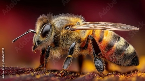 Obraz Extreme Close-Up of Honeybee Collecting Nectar for Pollination in Nature's Colorful Setting