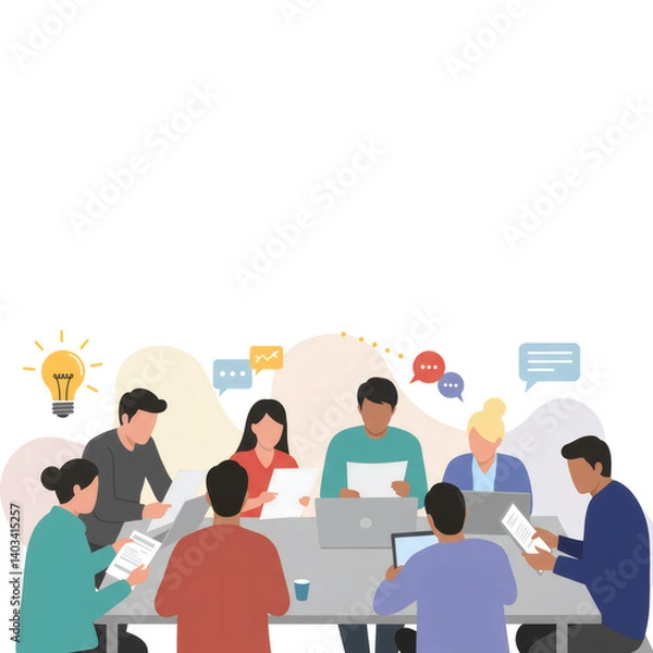 Fototapeta Business meeting collaboration brainstorming team discussing project ideas working together in a professional setting flat vector
