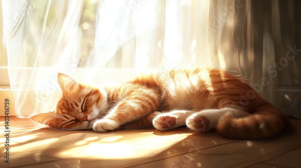 Obraz A cat naps in a sunbeam on a wooden floor, its fur rising and falling gently as light filters through the swaying curtains
