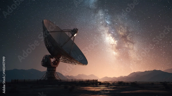 Fototapeta A satellite dish on a remote outpost adjusts slightly as it beams a signal across the stars to a space station in low orbit