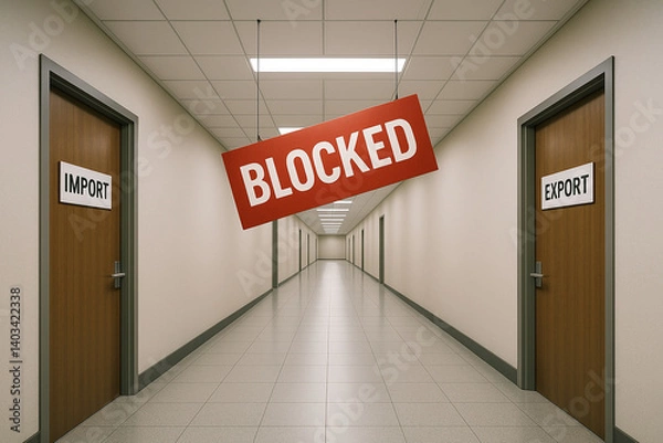 Fototapeta Symbolic hallway with IMPORT and EXPORT signs blocked by a red sign reading BLOCKED, representing halted international trade or export-import restrictions