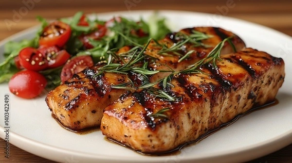 Fototapeta Grilled salmon fillets with balsamic glaze, served with cherry tomato and arugula salad.