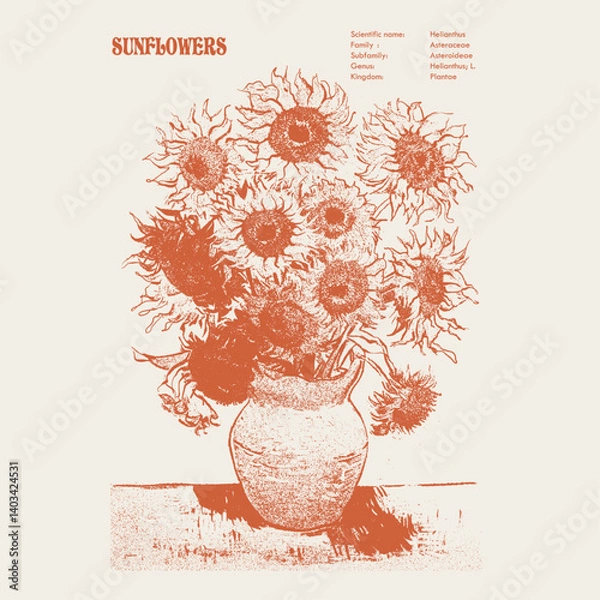 Fototapeta Sunflowers  Impressionistic Depiction, summer t-shirt prints. vintage graphics art. girls boys men's women's fashion design. flowers poster in-vector . monochrome flowers graphics.