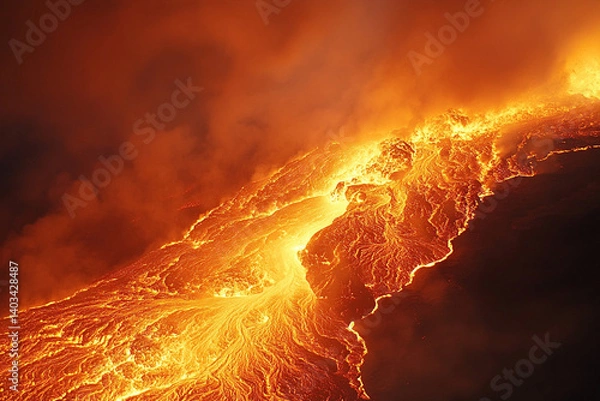Fototapeta Glowing volcanic lava flows in a dark landscape creating a mesmerizing display of natural chaos