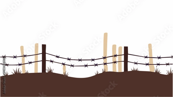 Fototapeta Silhouette of barbed wire and wooden stake on the ground. trench war elements vector background.