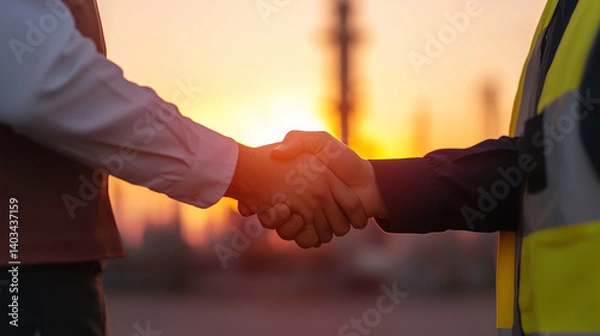 Fototapeta Engineer and businessman shaking hands after a successful collaboration, focus on partnership, selective focus, corporate synergy, dynamic, silhouette