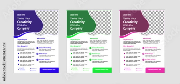 Fototapeta A bundle of 3 templates of different colors a4 flyer template, modern business flyer template,  Business abstract vector template. Brochure design, cover modern layout, annual report, poster.