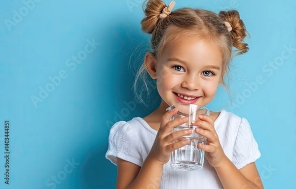 Obraz Cute little girl holding a glass of water, isolated on a blue background, smiling and looking at the camera