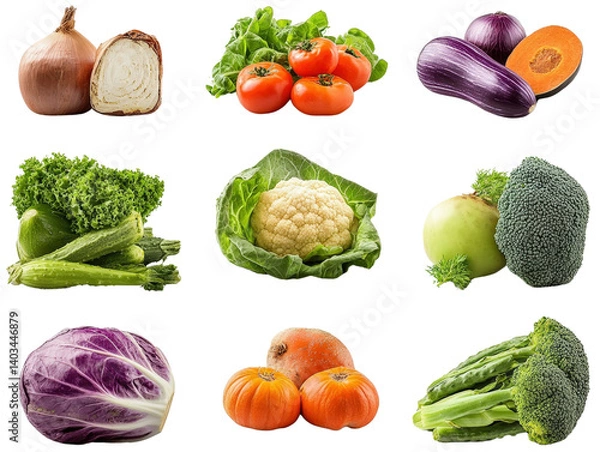 Fototapeta Fresh and colorful variety of vegetables displayed on a rustic wooden table with bright colors and healthy appeal isolated on a white background.
