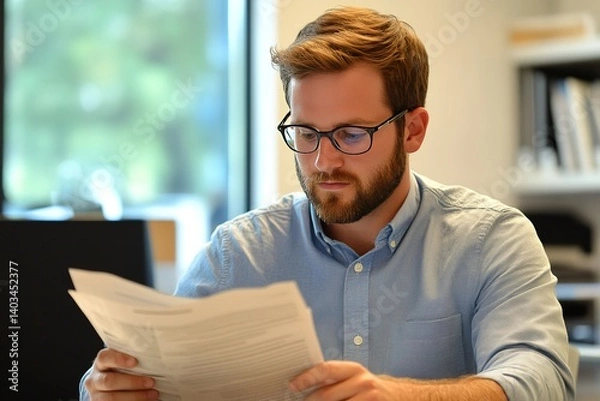 Fototapeta Bearded man wearing glasses reads documents in office setting illuminated by natural light