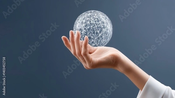Obraz A woman's hand gently cradles a glowing, translucent sphere filled with tiny white particles against a dark gray background. The image evokes a sense of connection and technological advancement.